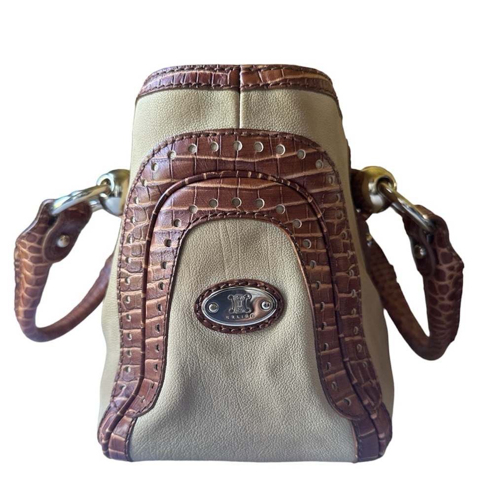 Vintage CELINE Old Boogie Bag Croc Embossed Leather Handbag Tea Brown Beige - Picture 3 of 11